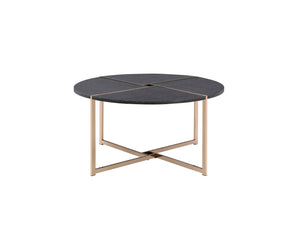 English Elm Bromia Round Black Wood Top Coffee Table with Champagne X-Shape Metal Legs — Modern Occasional Accent B2726P281464