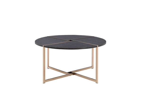 English Elm Bromia Round Black Wood Top Coffee Table with Champagne X-Shape Metal Legs — Modern Occasional Accent B2726P281464