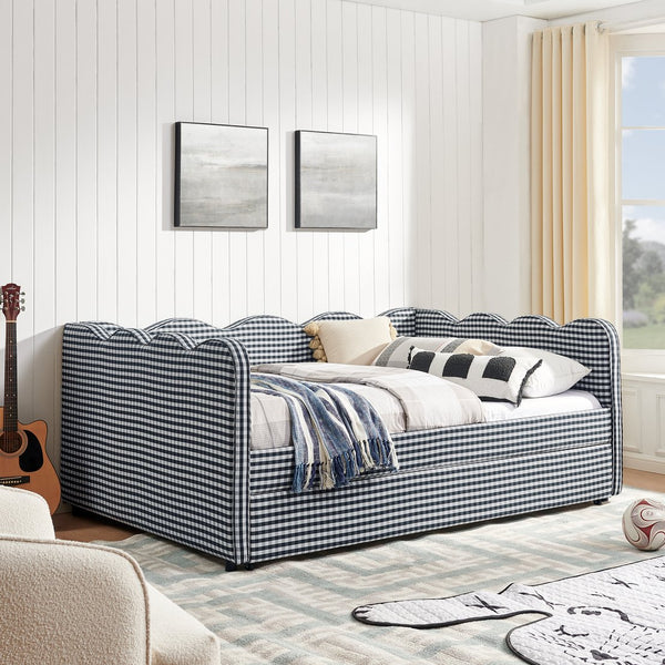 English Elm Full Size Gingham Linen Daybed with Wave Backrest Trundle and Usb Charging Port Navy W1413S00140