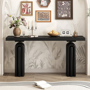 English Elm U_style Acacia Veneer Console Table Curved Silhouette for Entryway Hallway Foyer Black N711P235894B