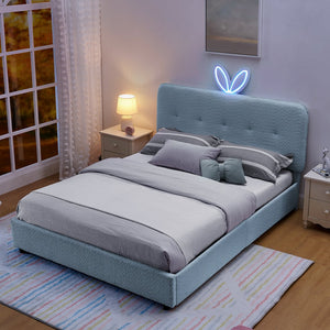 English Elm Queen Boucle Upholstered Kids Bed with Rabbit Ear Headboard Led Lighting Storage Drawers Navy W1413P384928