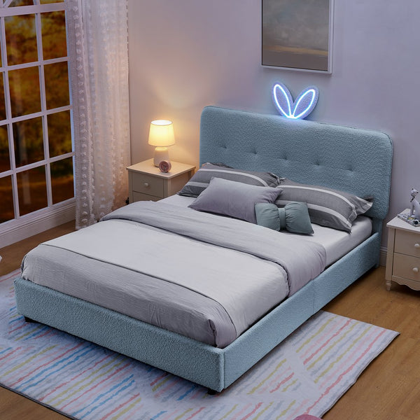 English Elm Queen Boucle Upholstered Kids Bed with Rabbit Ear Headboard Led Lighting Storage Drawers Navy W1413P384928