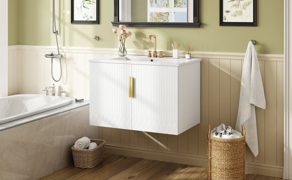 English Elm 30" Vintage Bathroom Vanity with Ceramic Sink — Wall-Mount MDF & Solid Wood Cabinet, Storage, Sleek Finish White N710P214100K