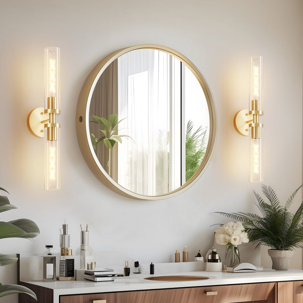 English Elm Wall Modern LED Sconces Set of Two with Clear Glass Shades, Polished Metal Anti-Rust Touch Mount Lighting for Bathroom Mirror Living Room Hallway Bedroom Gold W1340P356901