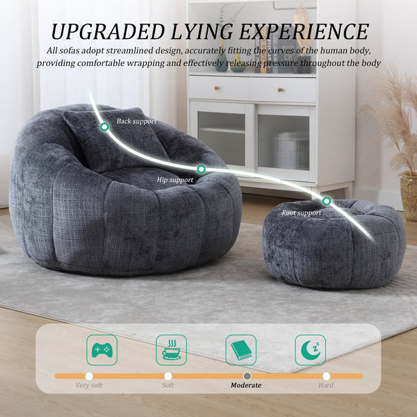 English Elm UNITED Cloud-Luxe Chenille Memory Foam Bean Bag Chair with Ottoman and Pillow for Ultimate Comfort Gray W1568P361697