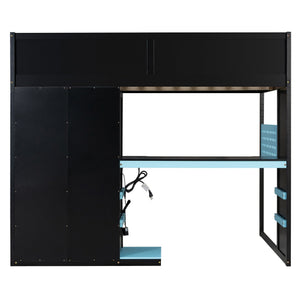 English Elm Full Size Loft Bed with Rgb Lighting Usb Charging Desk Wardrobe and Storage Shelves Blue LT000387AAC