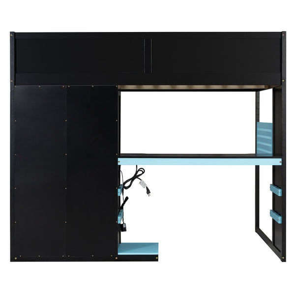 English Elm Full Size Loft Bed with Rgb Lighting Usb Charging Desk Wardrobe and Storage Shelves Blue LT000387AAC
