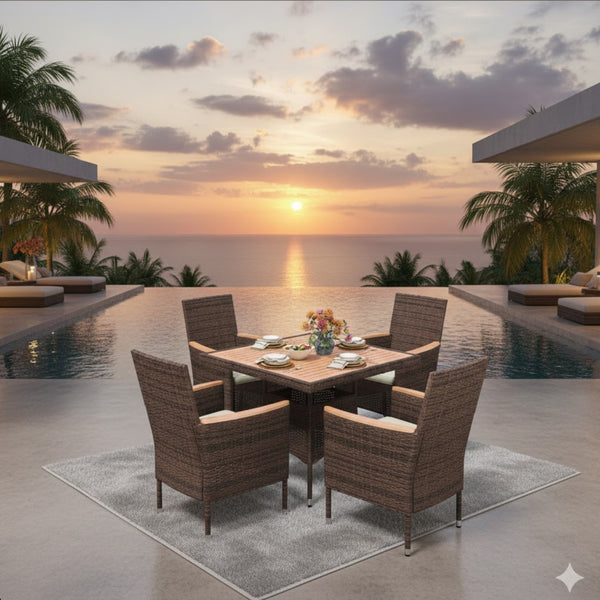 English Elm 4-piece Outdoor Pe Rattan Dining Armchair Set with Cushions for Patio Deck Brown B082P455160
