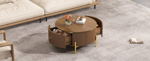 English Elm Modern Round Coffee Table with Gold Legs Two Drawers Brown Mdf Living Room N735P338995D