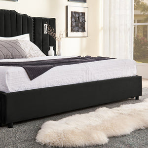 English Elm Queen Velvet Platform Bed with Tufted Headboard Integrated Nightstands and Striped Design Black W487S00441