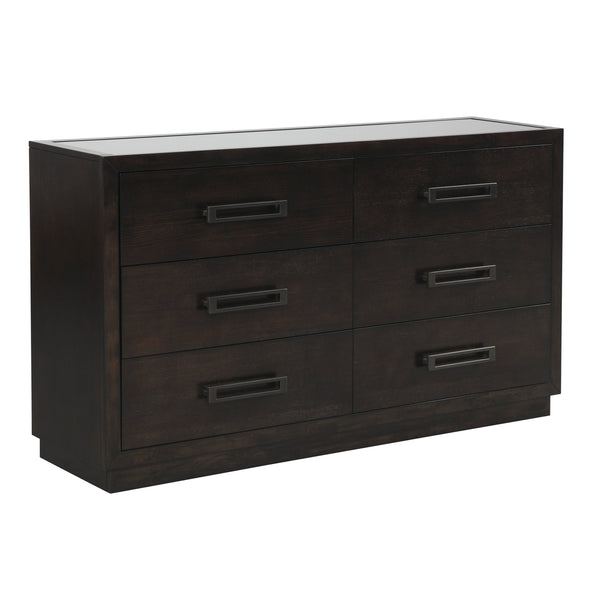 English Elm Modern Six Drawer Dresser with Glass Inset Top Gunmetal Pulls Charcoal Ash Veneer B011P201585