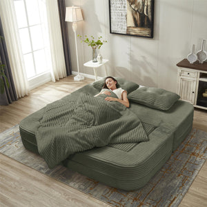 English Elm Multi Purpose Corduroy Sectional with Chaise Converts to King Floor Bed Deep Seat Green W3219S00009