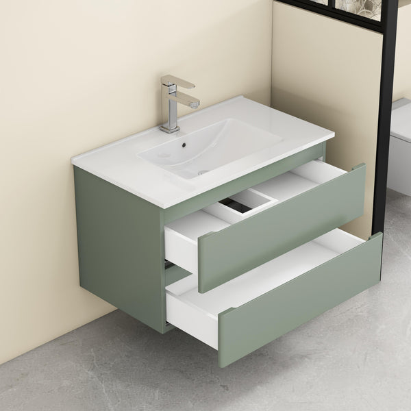 English Elm 32-Inch Wall-Mounted Bathroom Vanity With Integrated Ceramic Sink, Soft-Close Drawers & Modern Green Finish W3151S00044