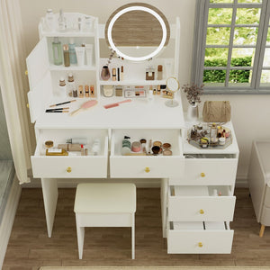 English Elm Fashion Vanity Desk With Adjustable Led Mirror, Cushioned Chair & Ample Storage For Effortless Beauty W2699P214617