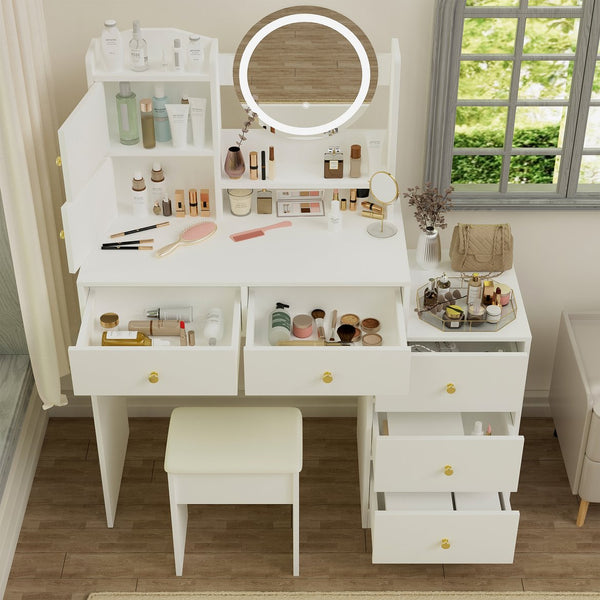 English Elm Fashion Vanity Desk With Adjustable Led Mirror, Cushioned Chair & Ample Storage For Effortless Beauty W2699P214617
