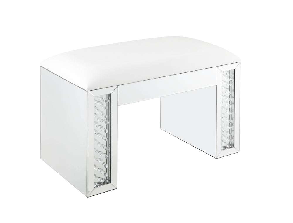 English Elm Nysa Glam Vanity Stool with Mirrored Crystal Frame and Ivory Pu Leather Seat B2726P448753