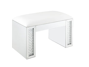 English Elm Nysa Glam Vanity Stool with Mirrored Crystal Frame and Ivory Pu Leather Seat B2726P448753