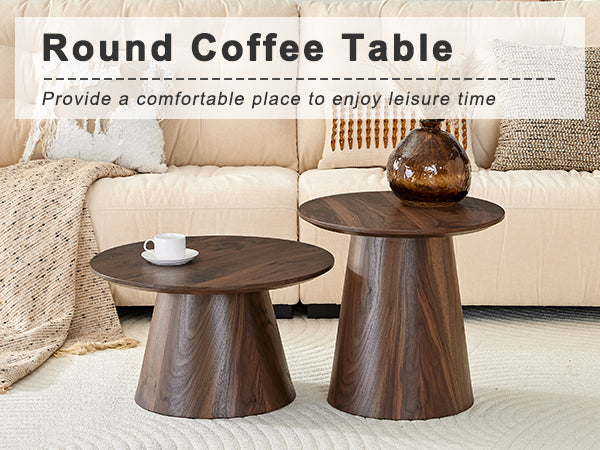 English Elm Nested Round Coffee Table Set with Wood Grain Mdf Top for Modern Living Rooms Walnut W2920S00116