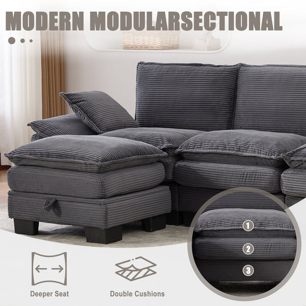 English Elm Sectional Cloud Sofa Modular Deep Seat Corduroy Upholstered Living Room Couch with Storage Dark Gray W395S00133