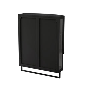 English Elm 23.62"Modern Arched Glass Cabinet with Shatterproof Mirror, Double-Layer Storage, Towel Rack, Black W757P314594