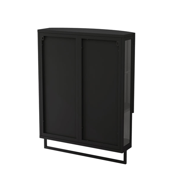 English Elm 23.62"Modern Arched Glass Cabinet with Shatterproof Mirror, Double-Layer Storage, Towel Rack, Black W757P314594