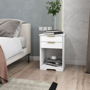 English Elm Nighstand White 2-Drawer Nightstand with Open Shelf, Gold Handles, Modern Compact End Table W3151P346294