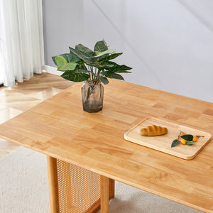 English Elm Table and Chair Set Rubberwood Dining with Rattan Legs Six Cushioned Fabric Seats W1151S03054