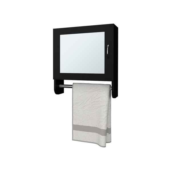 English Elm Pine Mirrored Medicine Cabinet with Towel Bar and Two Shelves — Wall-Mounted Bathroom Storage Unit Black 20.3 L x 18.3 W x 2.4 H B128P237173