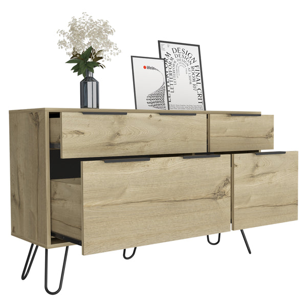 English Elm Augusta Mid-Century Double Dresser with Superior Top & Hairpin Legs, 4 Drawers Light Oak, Stylish Storage B200S00380