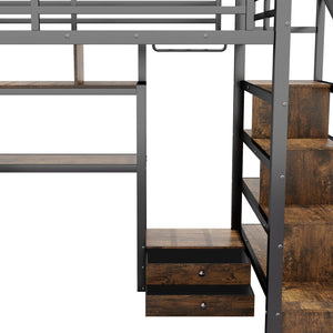 English Elm Full Size Loft Bed With Desk, Wardrobe & Led Light – Space-Saving Metal Design For Kids' Rooms! W2593S00019