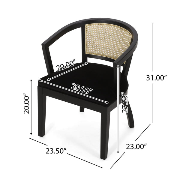English Elm Christopher Knight Home® - DINING Velvet Upholstered Cane Web Backing Chair Set of 2 in Black – Traditional Rubberwood Frame Elegance 74107.00RUBBLKV