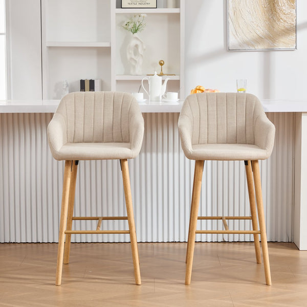 English Elm Modern Linen Upholstered Barstools with Oak Legs Armrests and Footrest for Kitchen Islands Beige W395P396313