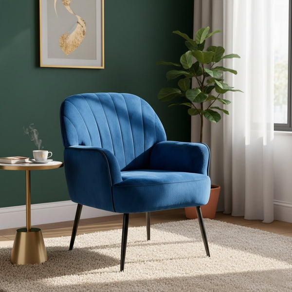 English Elm Velvet Barrel Accent Chair Tufted Shell Back with Metal Legs for Living Room Blue W5722P462510