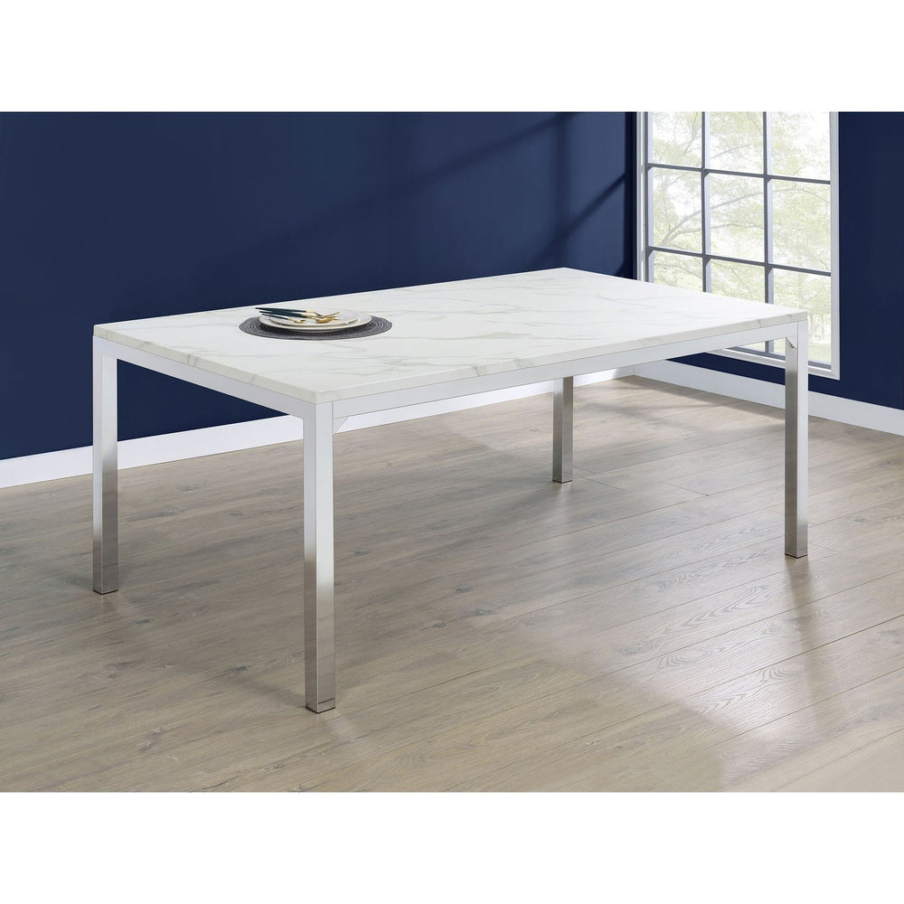 English Elm Caston Carrara Faux Marble Top Dining Table with Chrome Steel Legs — Contemporary Rectangular Elegance, 64" Long B062P350427