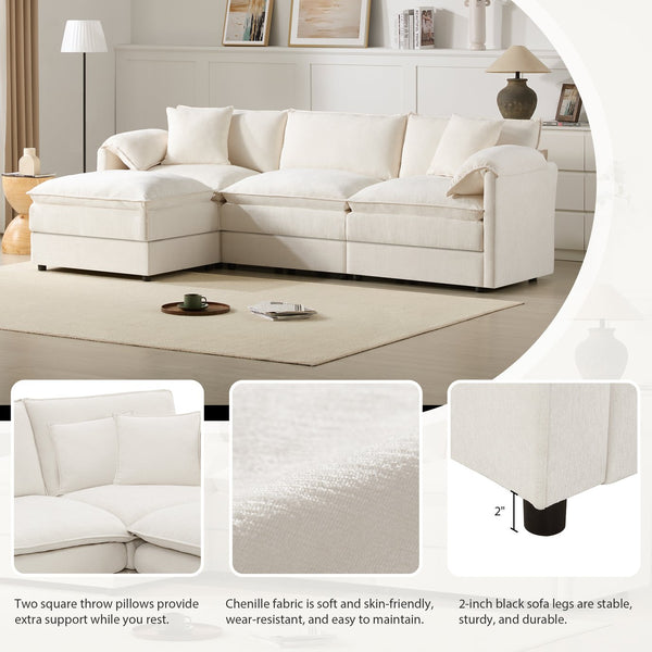 English Elm [video]103" Chenille L-shaped Sectional with Movable Ottoman Deep Seat Cloud Sofa White N723S0687W
