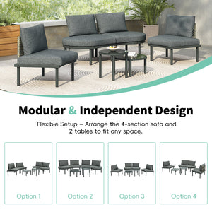 English Elm TOPMAX 6-Piece Modular Patio Sofa Set with 2 High-Low Coffee Tables, PE Wicker, Tempered Glass, Cushioned Comfort and Versatile Outdoor Configuration Gray SP100028AAE