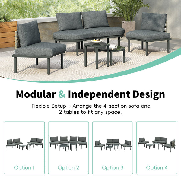 English Elm TOPMAX 6-Piece Modular Patio Sofa Set with 2 High-Low Coffee Tables, PE Wicker, Tempered Glass, Cushioned Comfort and Versatile Outdoor Configuration Gray SP100028AAE
