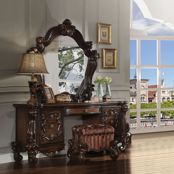 English Elm Brown Button-Tufted Vanity Stool with Scrolled Base, Nailhead Trim, Welted Cushion, Cherry Oak Finish B062P208999