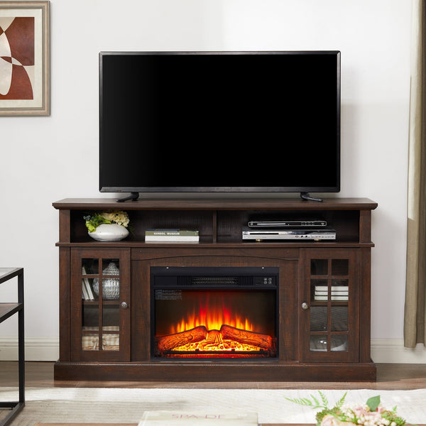 English Elm Classic TV Media Stand with 23" Electric Fireplace Insert, 65" TV Support, Ample Storage & Cable Management Espresso W2275S00015