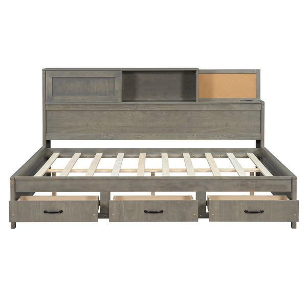 English Elm Full Size Gray Wood Daybed with Storage Drawers Shelf Usb Charging Upholstered Back LP002025AAE-1