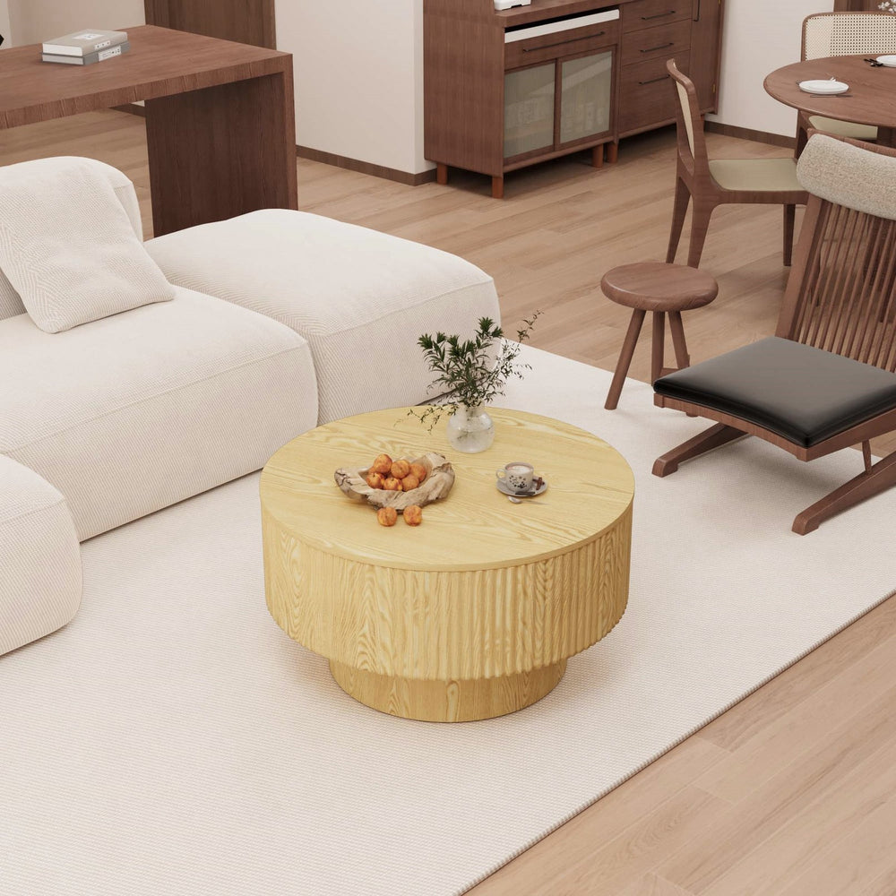 English Elm 29.53 Inch Round Mdf Coffee Table with Grooved Sides and Concealed Storage for Living Rooms W2189P320662