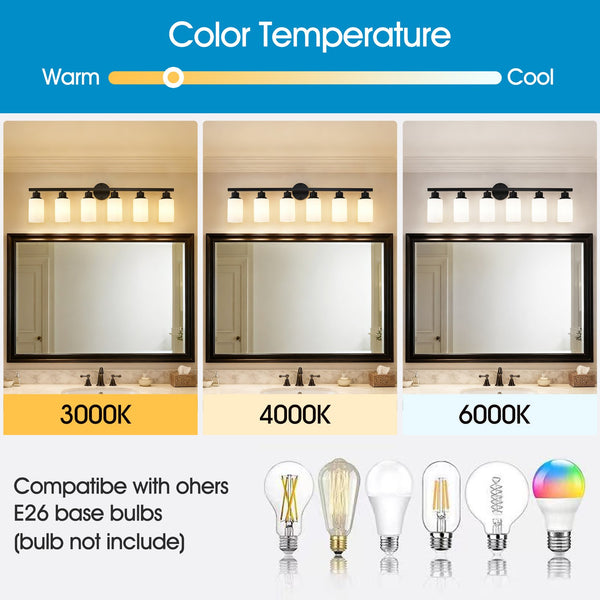 English Elm 6-light Matte Black Linear Wall Sconce White Glass Shades for Bedroom or Vanity W5008P389852