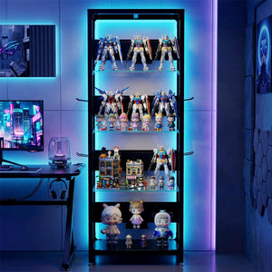 English Elm 4-tier Tempered Glass Steel Frame Display Shelf with Rgb Led Lighting for Collectibles W3190P371784