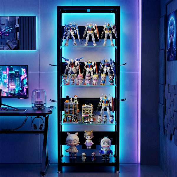 English Elm 4-tier Tempered Glass Steel Frame Display Shelf with Rgb Led Lighting for Collectibles W3190P371784