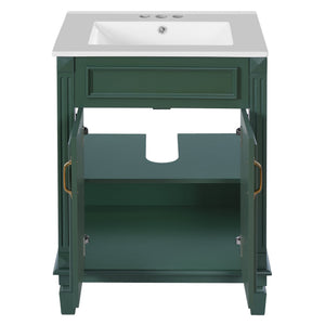 English Elm 24'' Bathroom Vanity with Sink - Solid Wood Frame, Glossy Ceramic Basin, Soft-Close Doors & Ample Storage Elegant Modern Design, Durable MDF Construction, Retro Metal Handles, Compact 24-inch Cabinet Green N710P317675F