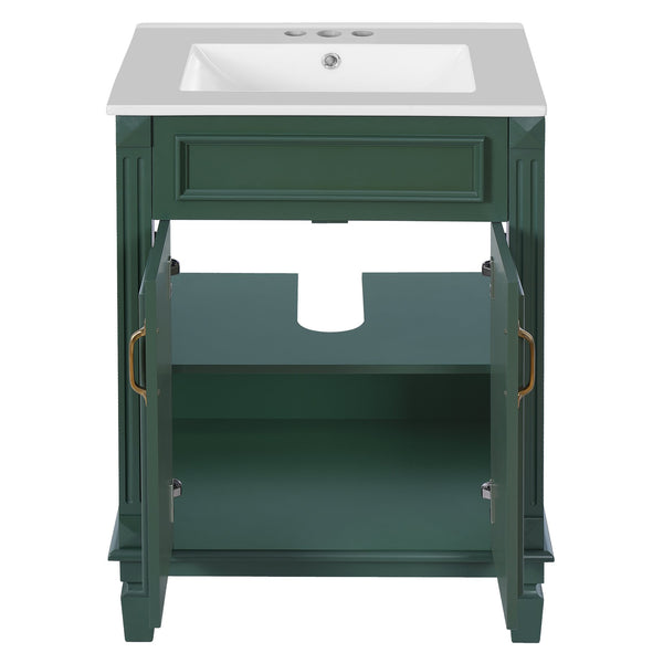English Elm 24'' Bathroom Vanity with Sink - Solid Wood Frame, Glossy Ceramic Basin, Soft-Close Doors & Ample Storage Elegant Modern Design, Durable MDF Construction, Retro Metal Handles, Compact 24-inch Cabinet Green N710P317675F
