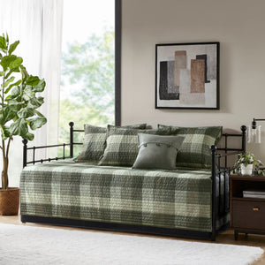 JLA Home Madison Park - 6 Piece Reversible Plaid Daybed Cover Set — Buffalo Plaid & Quilted Herringbone Texture for Cozy Cabin Style Grey MP13-8388