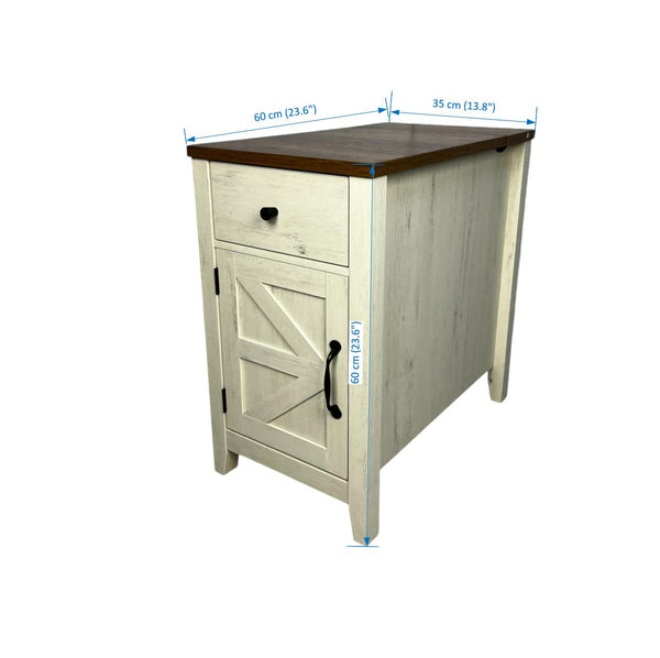 English Elm Farmhouse Nightstand with Charging Station and Barn Door Drawer — USB-C, AC Outlets, Compact Storage Brown+White W1412P230407