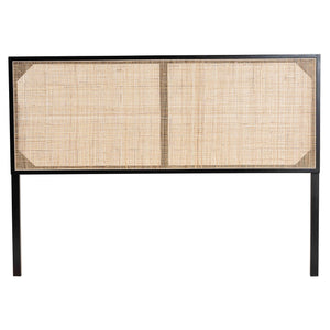 English Elm Modern Bayur Wood Queen Headboard with Woven Rattan Panel Boho Bedroom Accent Black+Brown B2750P467682