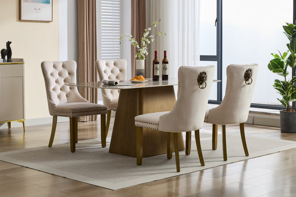 English Elm Mid-Century Tufted Velvet Dining Chair with Lion Head Pull Ring, Gold Legs, Nailhead Trim, Luxurious Support Beige W1143P233644